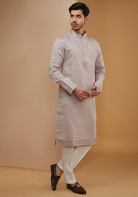 Grey Thread Embroidered Kurta Set For Men