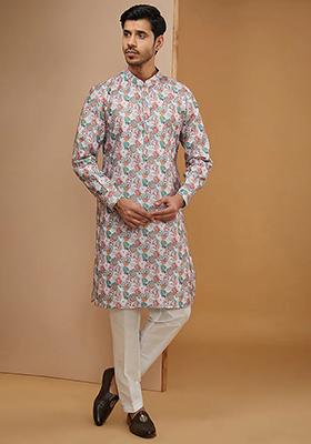 Off White Floral Print Kurta Set For Men