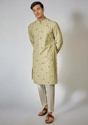Pista Green Thread Embroidered Kurta Set For Men