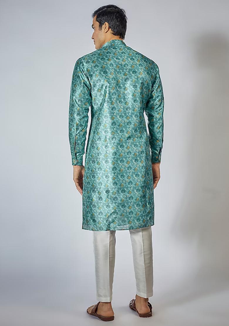 Teal Floral Print Kurta Set For Men
