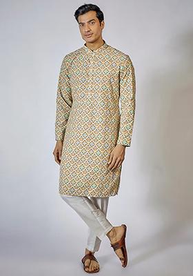 Beige Geometric Print Kurta Set For Men