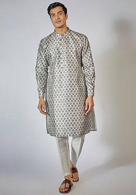 Grey Printed Kurta Set For Men