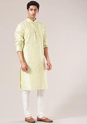 Lemon Green Embroidered Kurta Set For Men