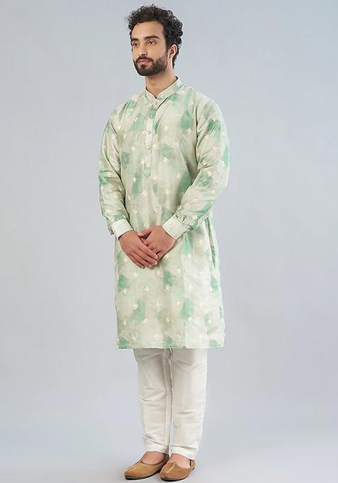 Sea Green Shaded Thread Embroidered Kurta Set For Men