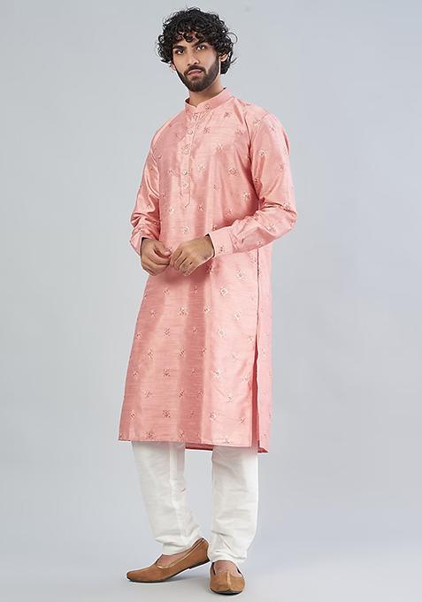 Dusty Pink Sequin Thread Embroidered Kurta Set For Men