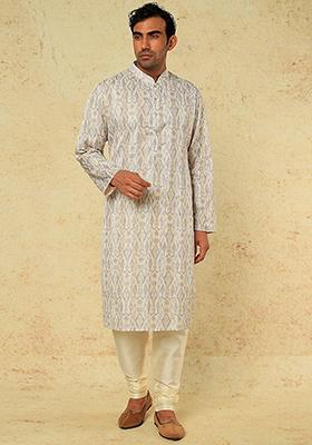 Off White And Blue Ikat Print Kurta Set For Men