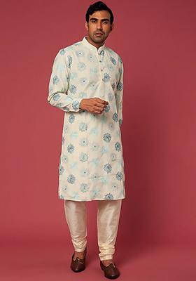 Off White Embroidered Cotton Linen Kurta Set For Men
