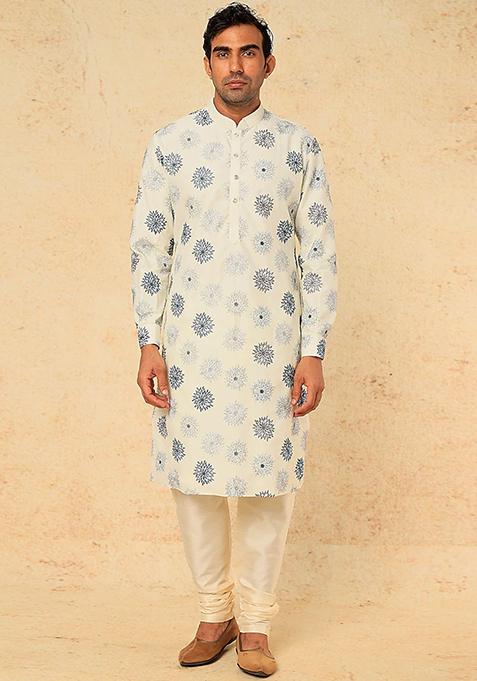 Off White Thread Embroidered Cotton Linen Kurta Set For Men