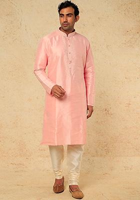 Pink Sequin Thread Embroidered Kurta Set For Men