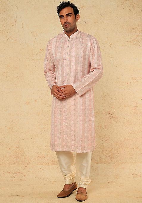 Powder Pink Jaipuri Print Kurta Set For Men