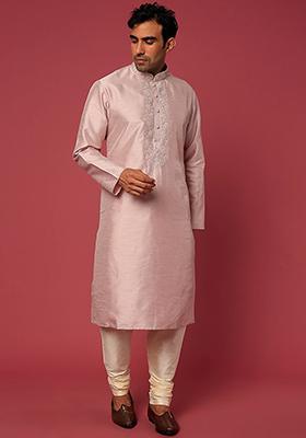Mauve Pearl Thread Embroidered Kurta Set For Men