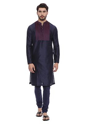 Navy Blue Silk Blend Kurta Set For Men