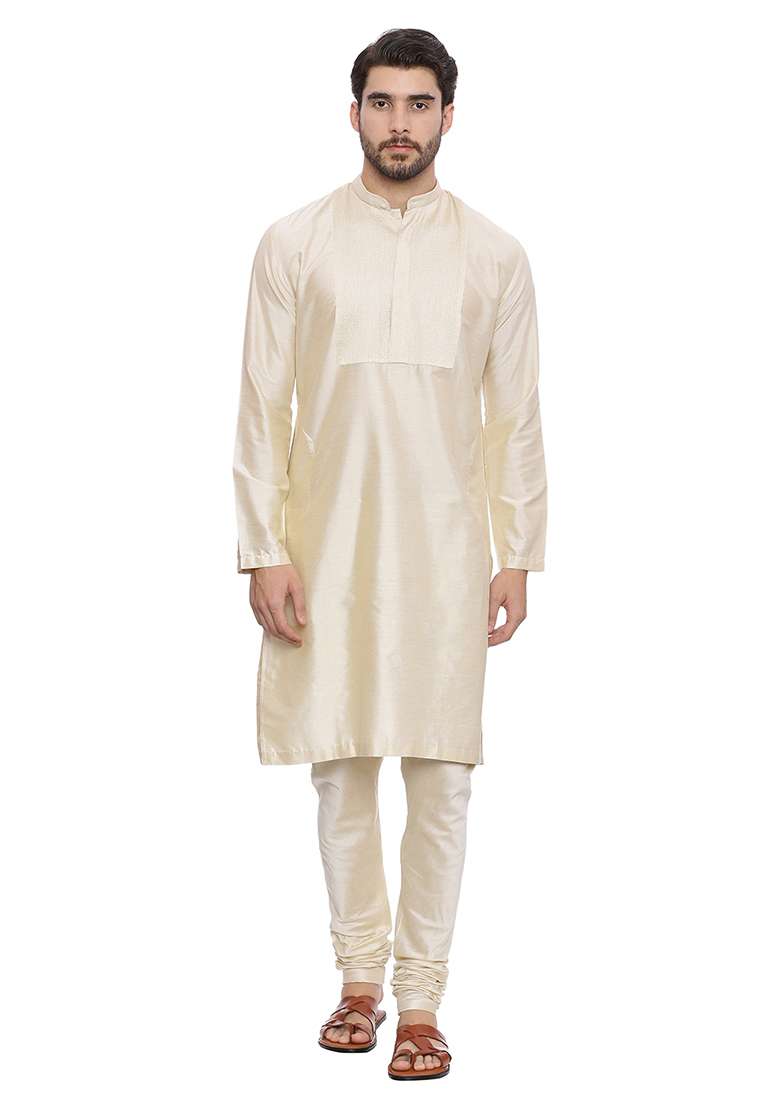 Beige Silk Blend Kurta Set For Men - Indya