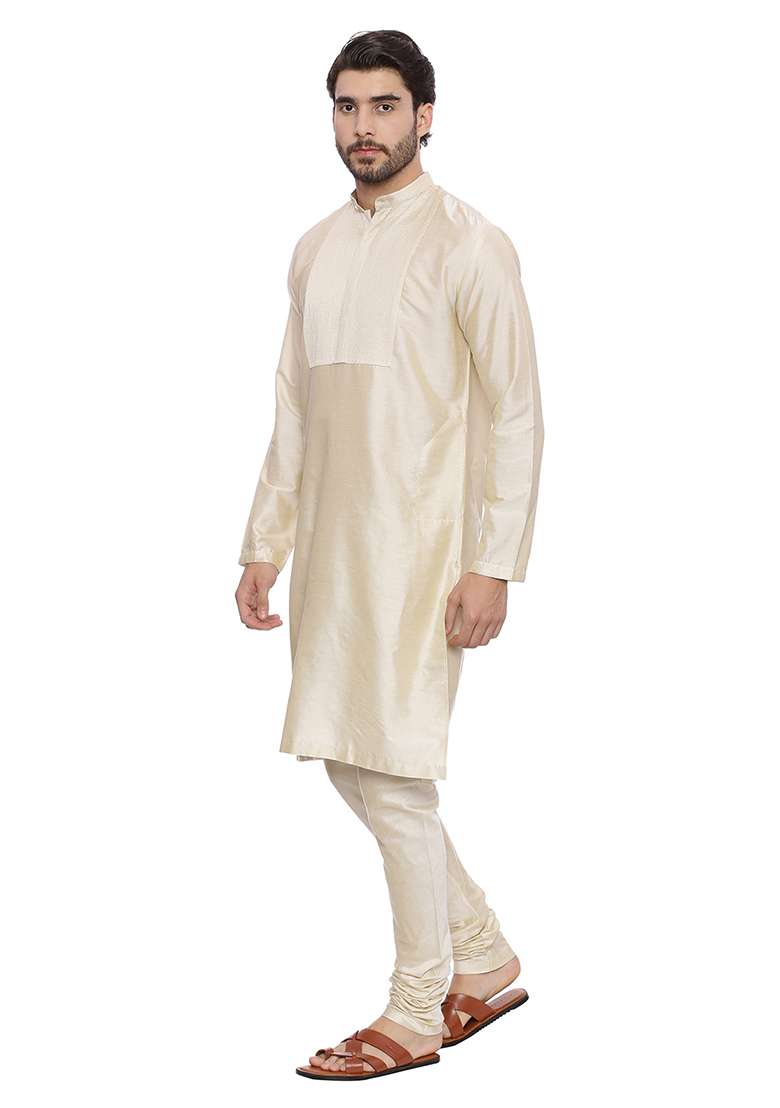Beige Silk Blend Kurta Set For Men - Indya