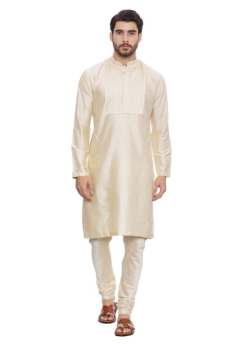 Beige Silk Blend Kurta Set For Men - Indya