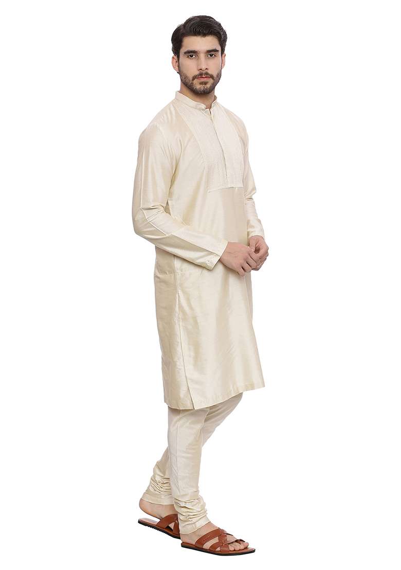 Beige Silk Blend Kurta Set For Men - Indya