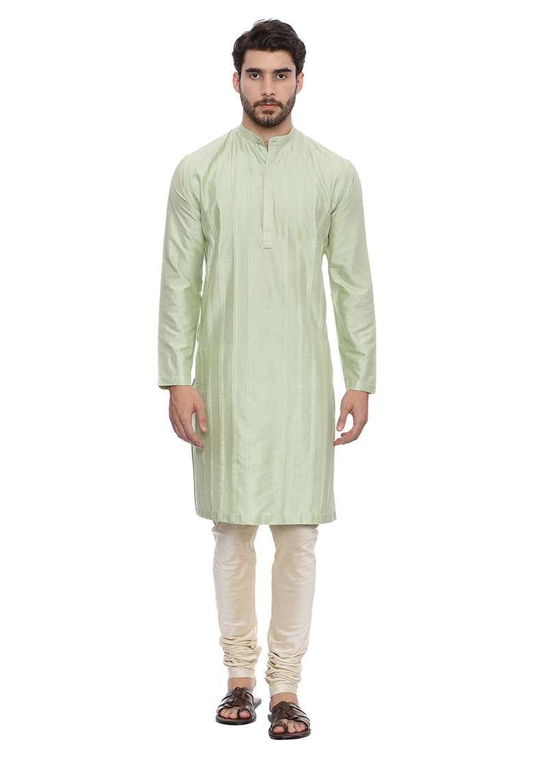 Pastel Green Silk Blend Kurta Set For Men - Indya
