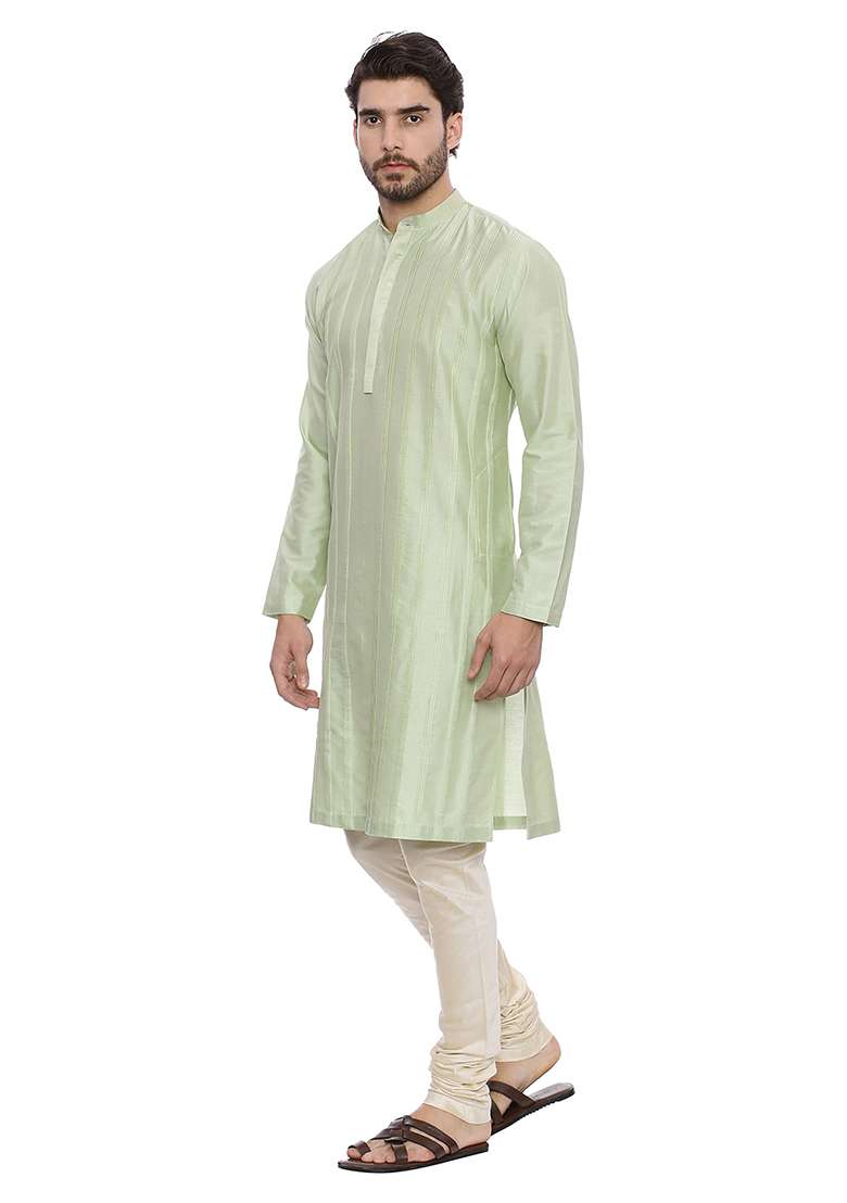 Pastel Green Silk Blend Kurta Set For Men - Indya