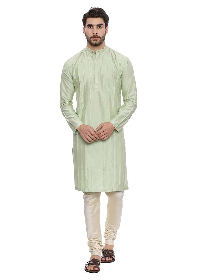 Pastel Green Silk Blend Kurta Set For Men - Indya