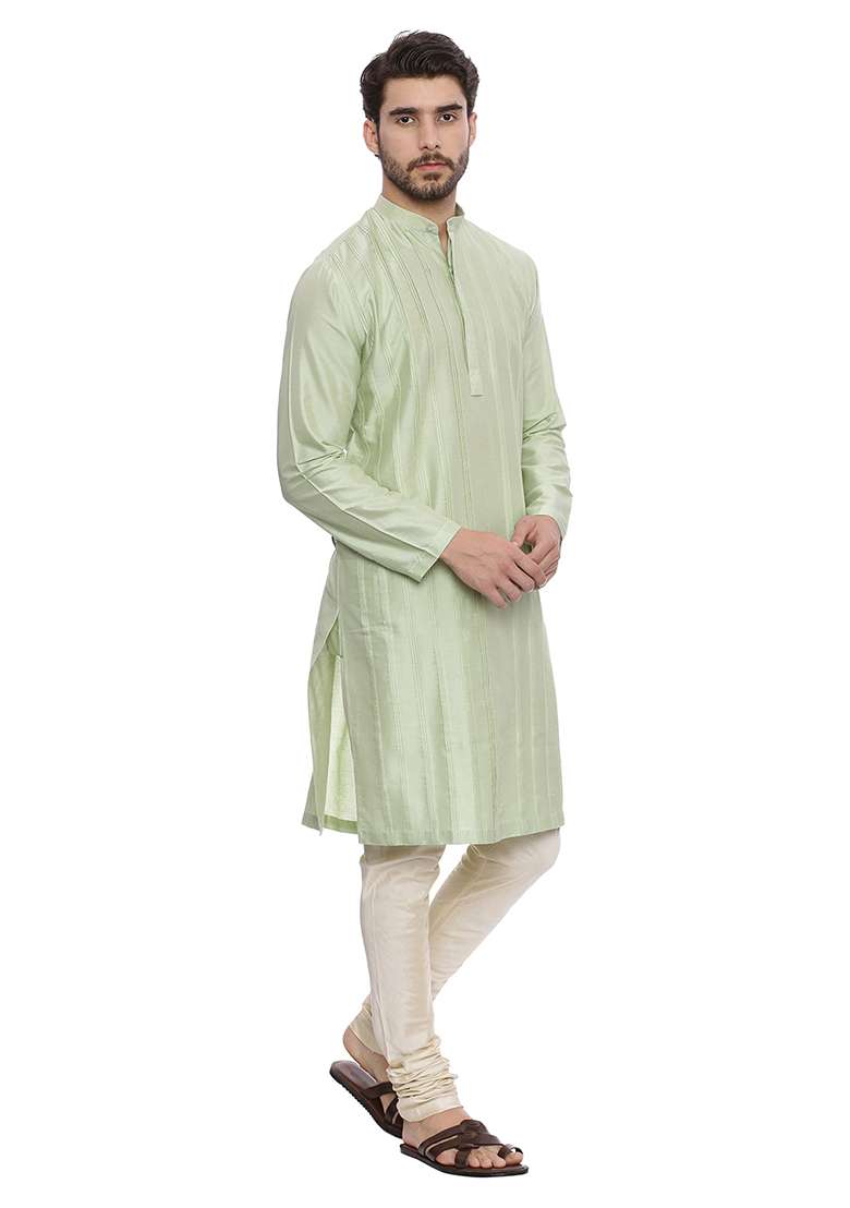 Pastel Green Silk Blend Kurta Set For Men - Indya