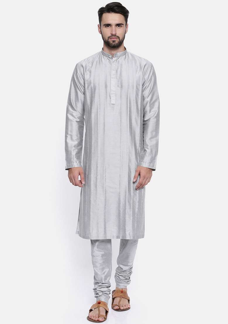 Grey Cotton Silk Blend Kurta Set For Men - Indya