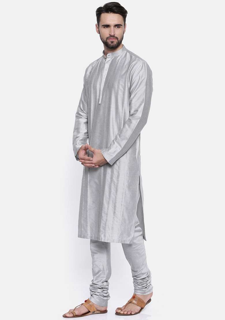 Grey Cotton Silk Blend Kurta Set For Men - Indya