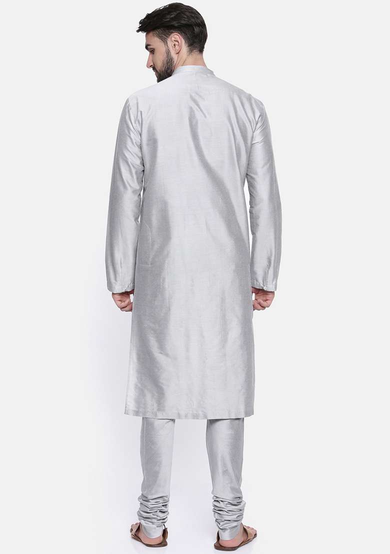 Grey Cotton Silk Blend Kurta Set For Men - Indya