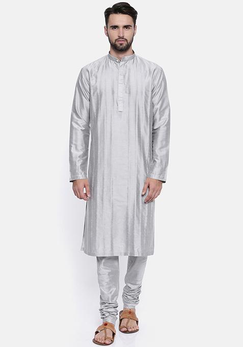 Grey Cotton Silk Kurta Set For Men