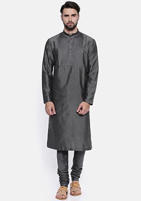 Charcoal Grey Pintuck Kurta Set For Men