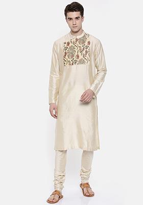 Beige Printed Chanderi Kurta Set For Men