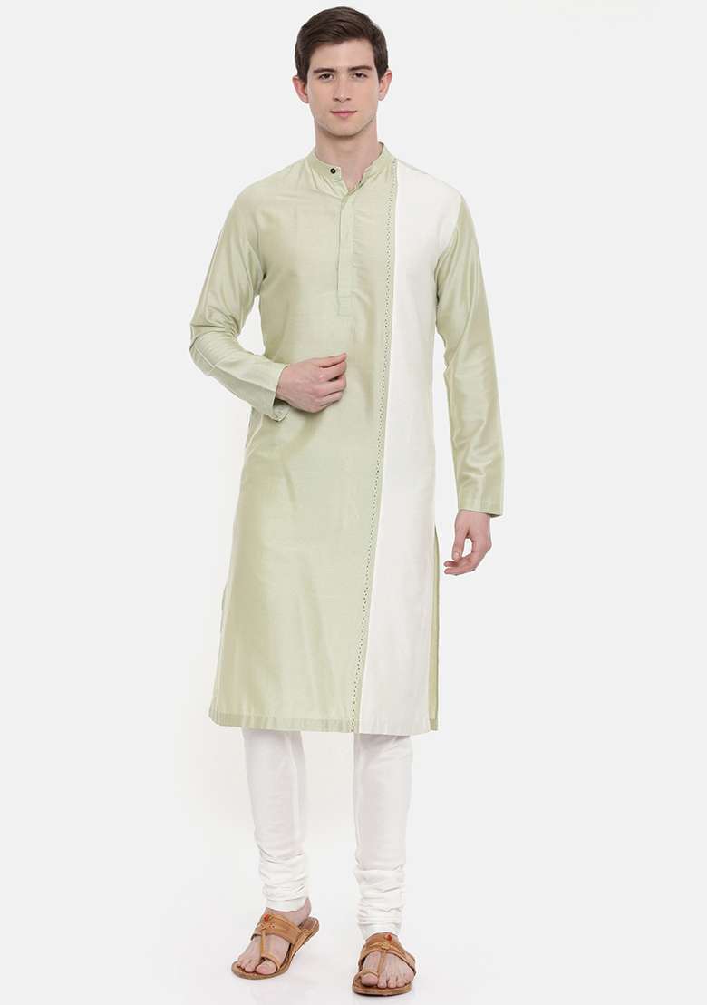 Green And Ivory Silk Blend Kurta Set For Men - Indya