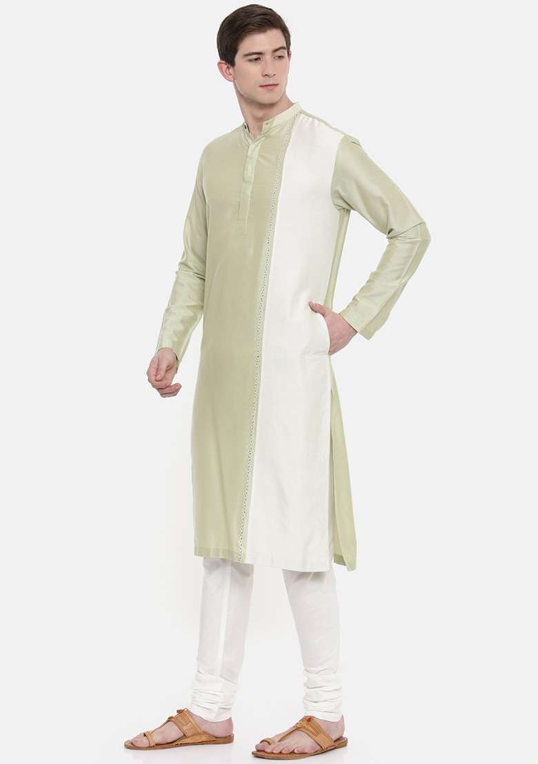 Green And Ivory Silk Blend Kurta Set For Men - Indya