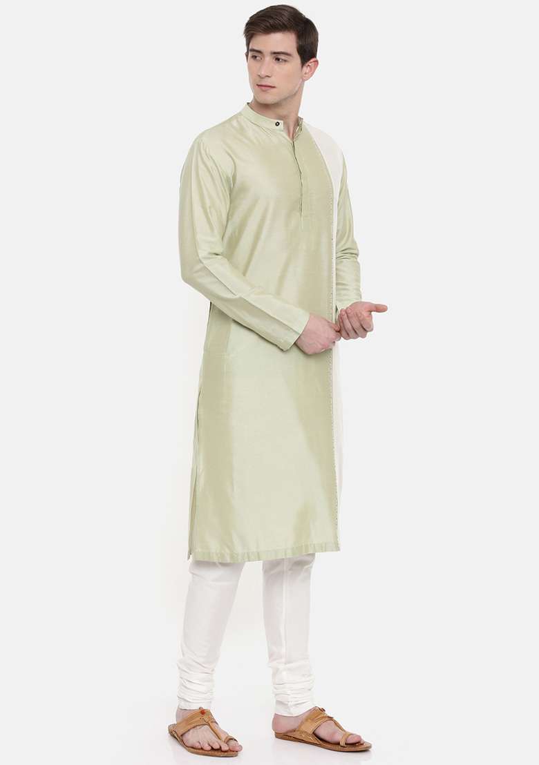 Green And Ivory Silk Blend Kurta Set For Men - Indya