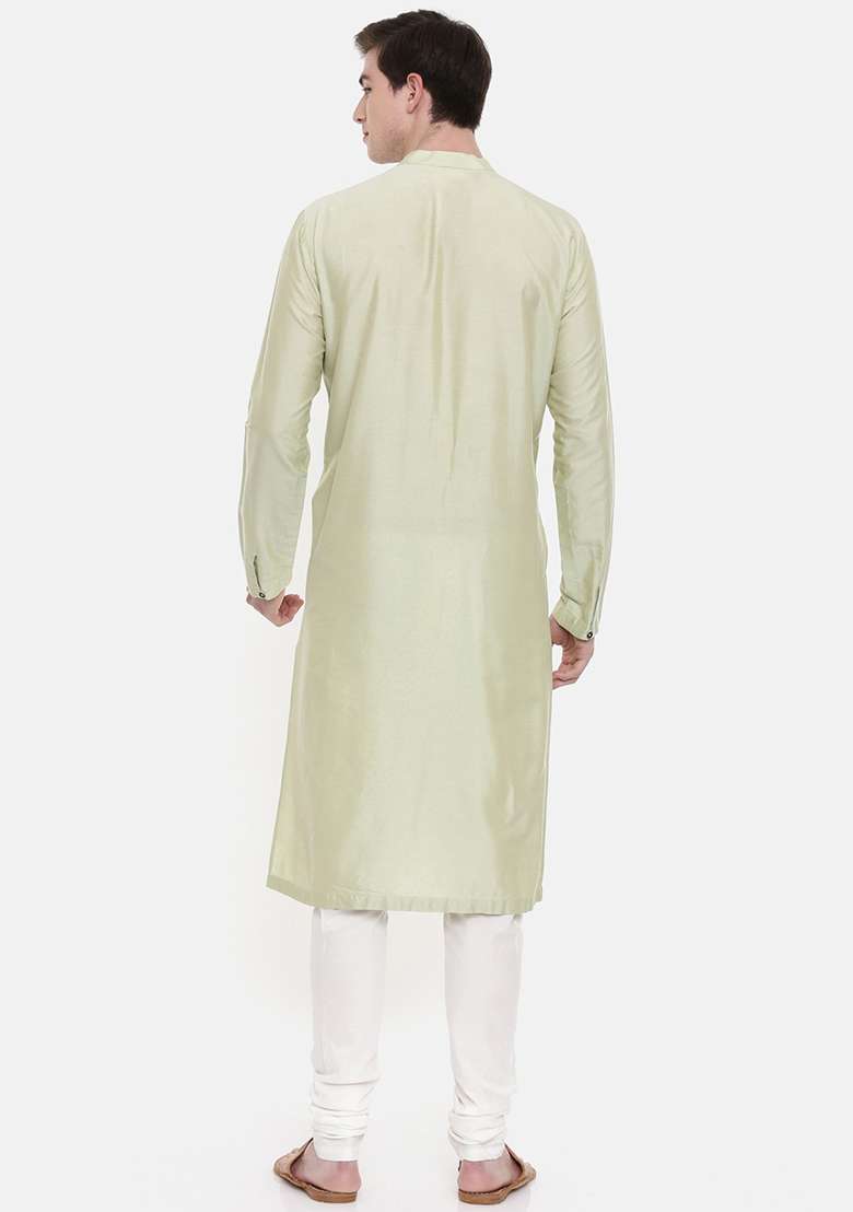 Green And Ivory Silk Blend Kurta Set For Men - Indya