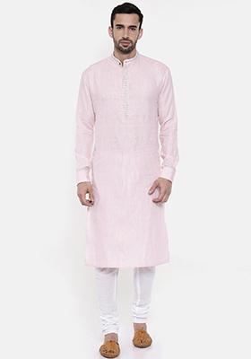 Light Pink Embroidered Linen Kurta Set For Men