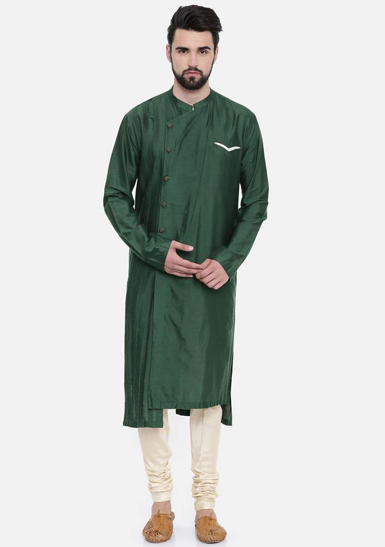 Bottle Green Silk Blend Kurta Set For Men - Indya