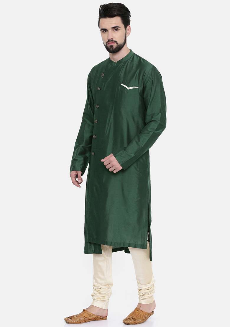 Bottle Green Silk Blend Kurta Set For Men - Indya