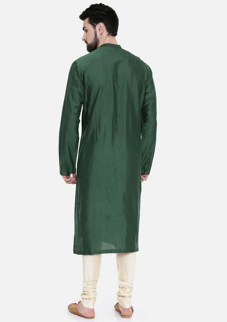 Bottle Green Silk Blend Kurta Set For Men - Indya