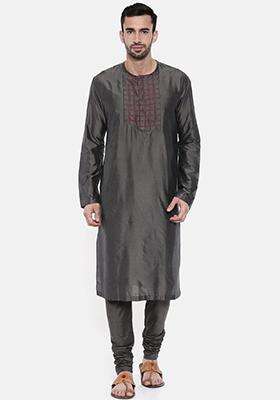 Charcoal Grey Embroidered Kurta Set For Men