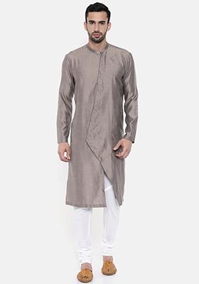 Grey Geometric Embroidered Kurta Set For Men