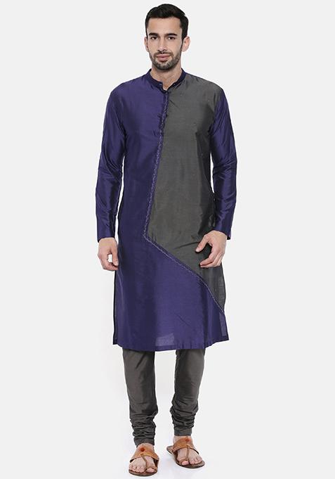 Blue And Grey Embroidered Kurta Set For Men