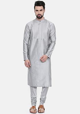 Silver Pintuck Kurta Set For Men