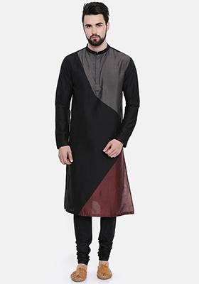 Black Colourblocked Kurta Set For Men