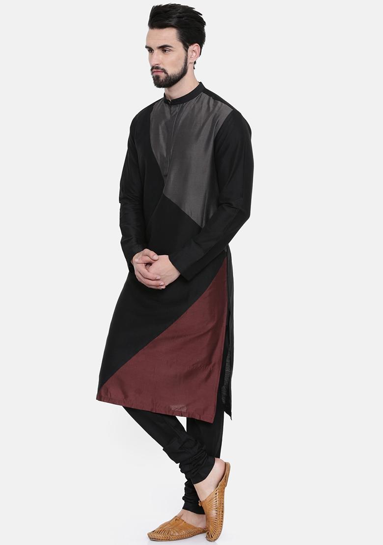 Black Colourblocked Kurta Set For Men