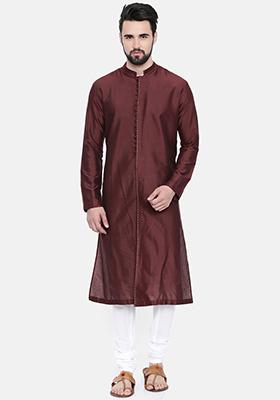 Brown Embroidered Kurta Set For Men