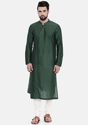 Bottle Green Hand Embroidered Kurta Set For Men