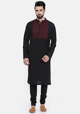 Black Geometric Yoke Kurta Set For Men