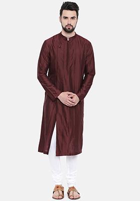 Brown Pintuck Kurta Set For Men