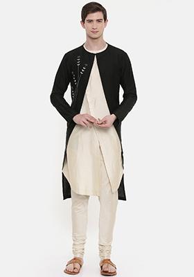 Black And Beige Double Layered Kurta Set For Men