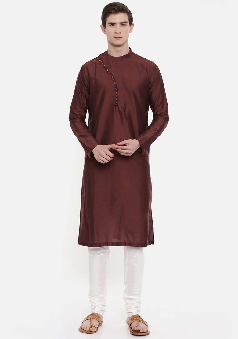 Brown Silk Blend Kurta Set For Men - Indya